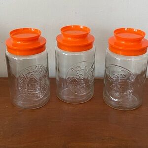 Vintage Tang Jars Orange Lid Glass Cannisters Cabin Lighthouse Church set of 3
